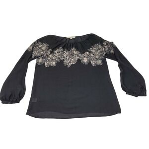 Ann Taylor Loft‎ Black Sheer With Tan Floral Long Sleeve Blouse Women's Size XS